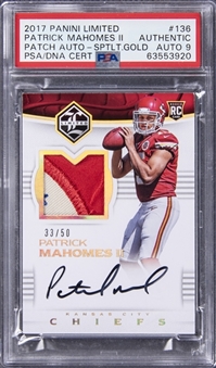 2017 Panini Limited Patch Autographs Spotlight Gold #136 Patrick Mahomes II Signed Patch Rookie Card (#33/50) - PSA Authentic, PSA/DNA 9